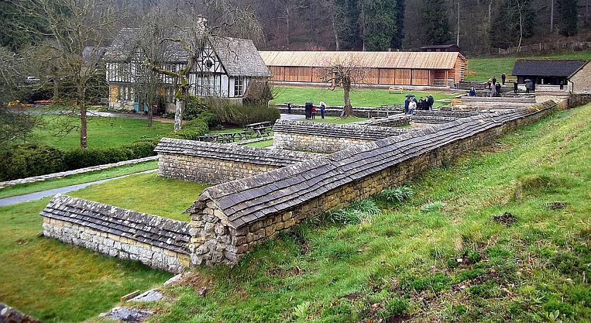 A view of Chedworth Roman Villa showing the Victorian shooting lodge and museum.